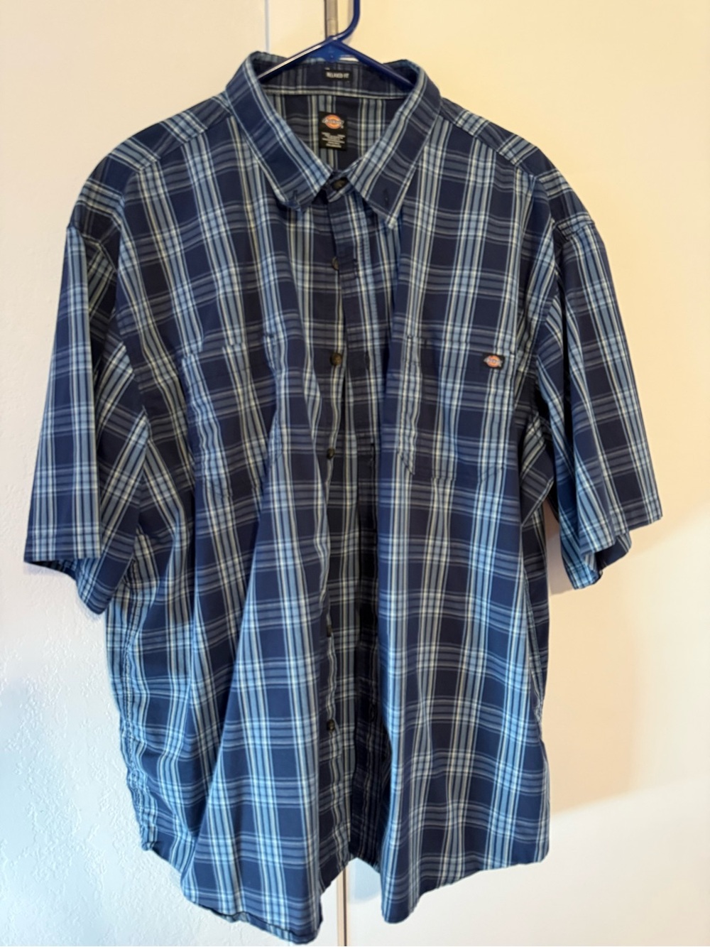 Dickies Navy and Light Blue Plaid Short-Sleeve Button-Down Shirt